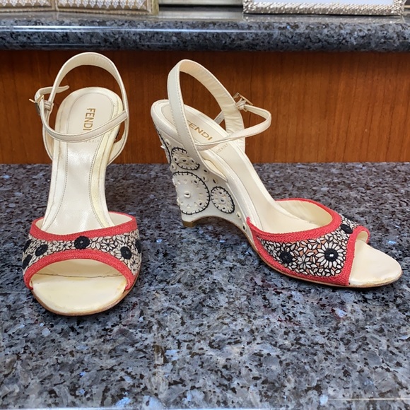 Fendi Shoes - Fendi Embroidered Wedge Sandals Size 37
